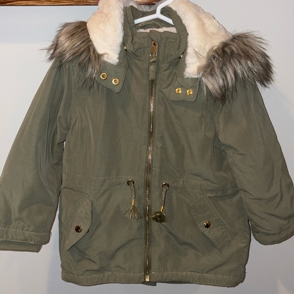 H&M Toddler Hooded Padded Parka w/Faux Fur Trim Size 3-4 Olive Green/Cream NWOT - Picture 3 of 13